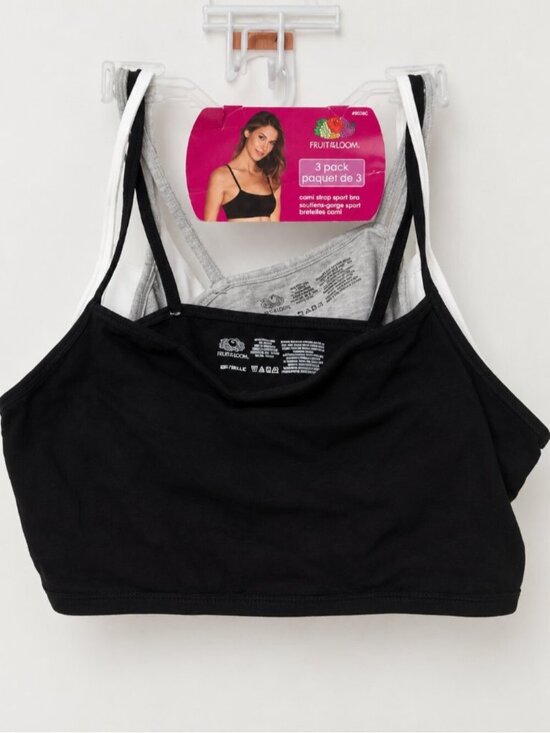 Fruit of the Loom Other - Fruit of the Loom Womens 42 Cami Strap Sports Bra 3 Pack Black White Gray Cotton